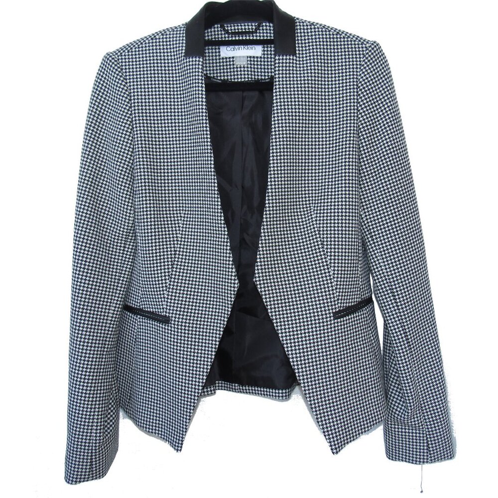 Calvin Klein Houndstooth Blazer Open Front Faux Leather Collar Sz 6P  *SECONDS*